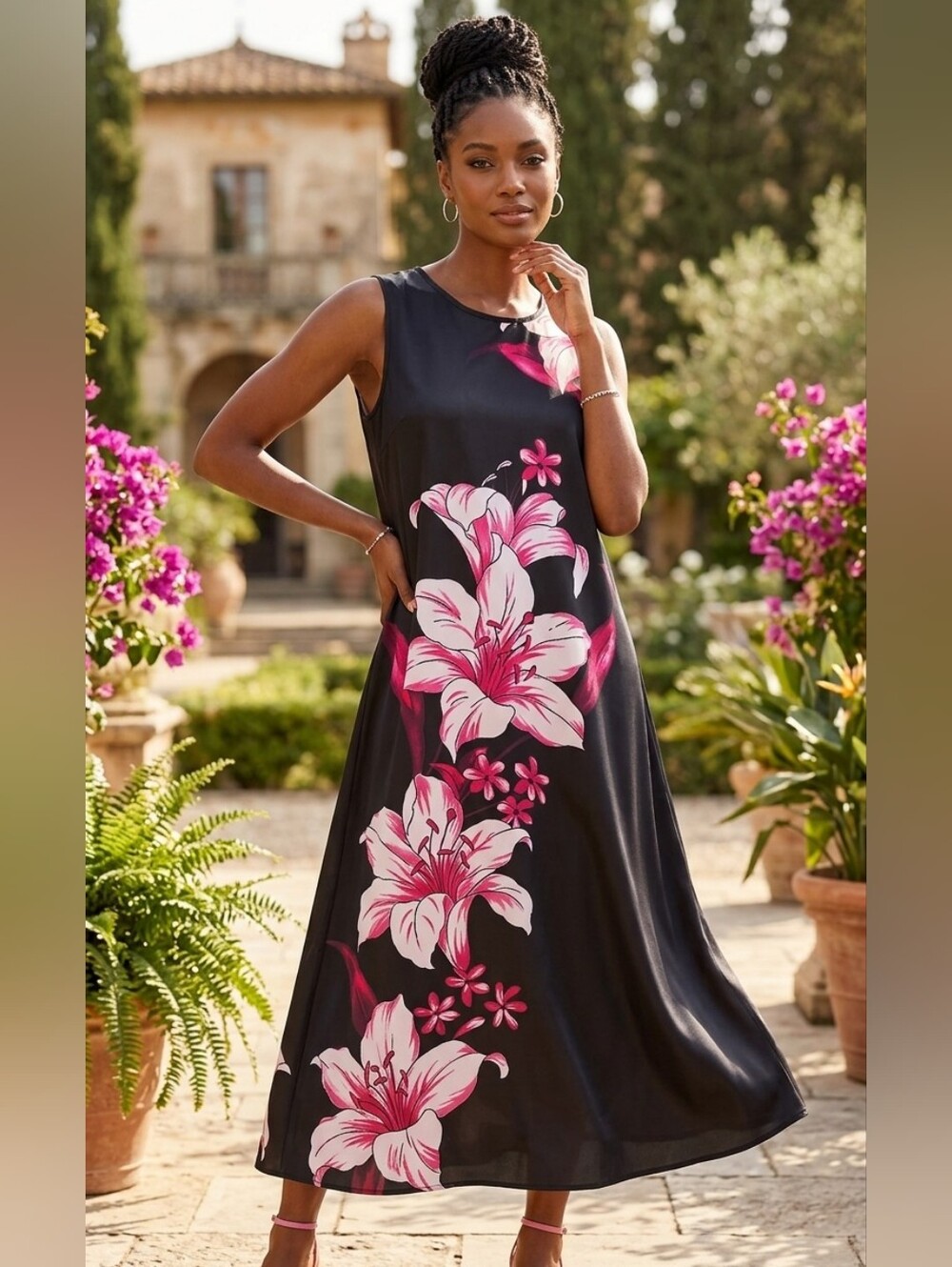 Long Black White Pink Lilly Floral A Line Dress Size XL EUC